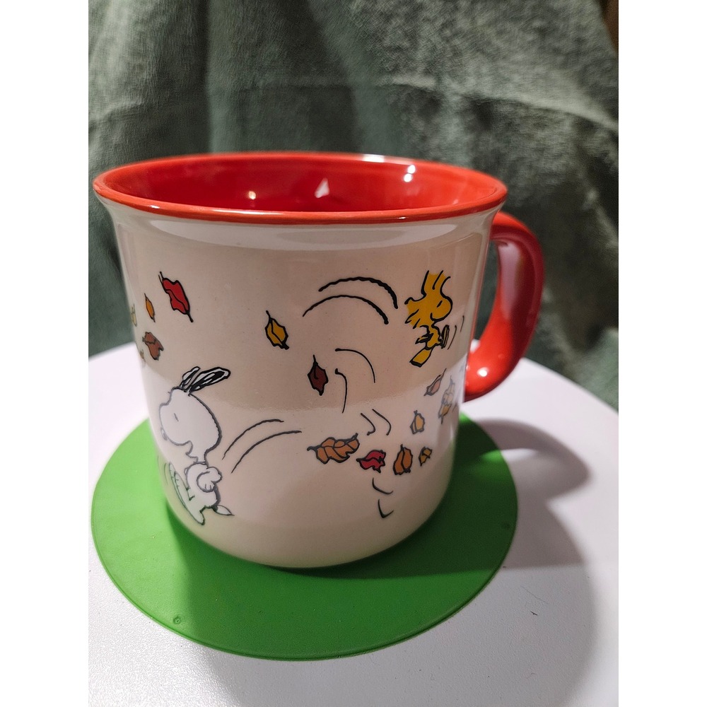 Peanuts Snoopy Woodstock Mug Large Cream Red Give Thanks Fall Autumn Gibson